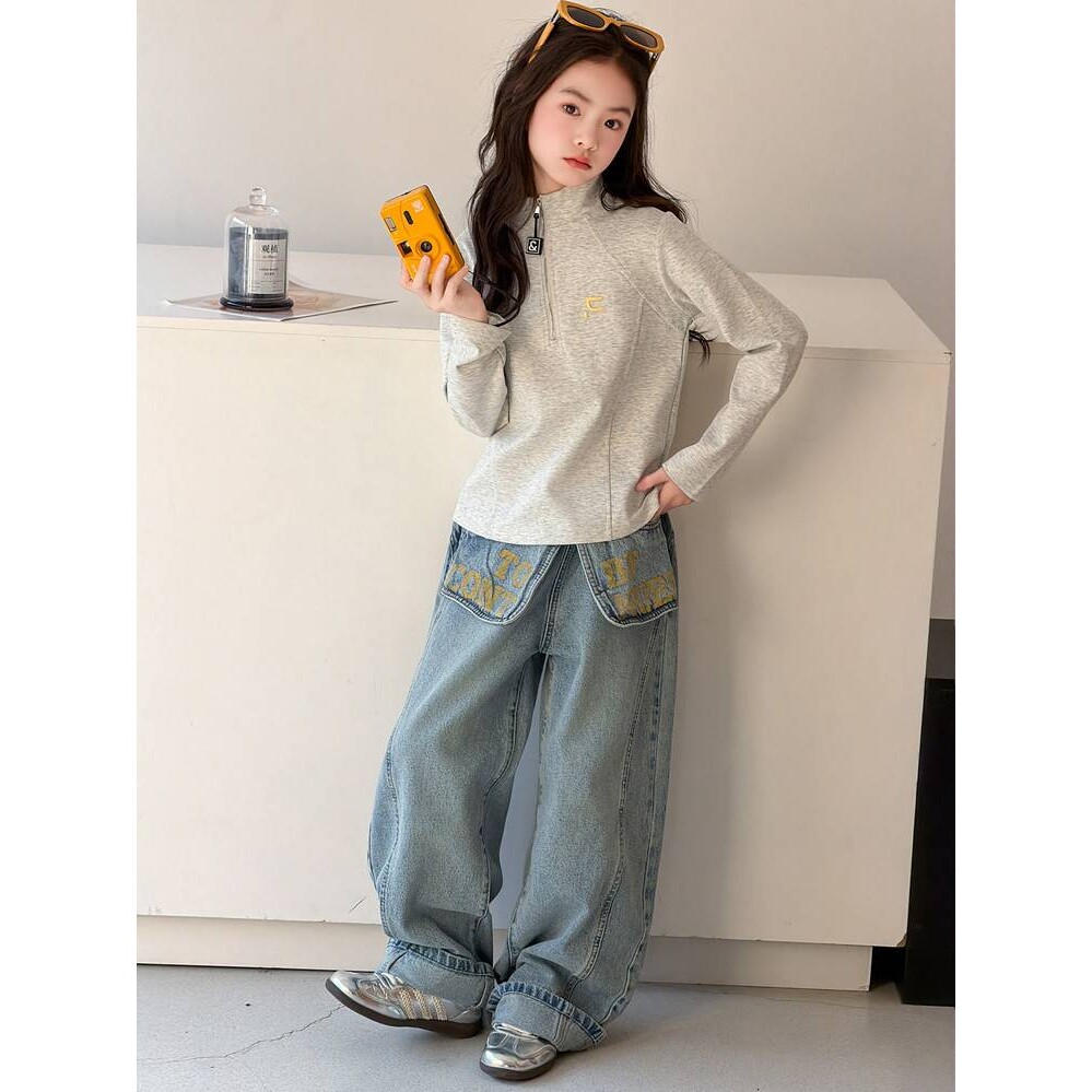 品牌专柜女童春秋T恤套装2026新款女大童春装韩系上衣儿童牛仔裤