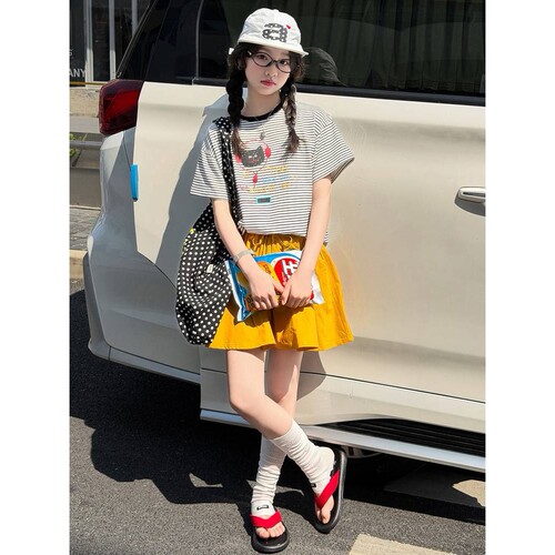 品牌专柜女童夏装套装儿童中大童夏款薄款条纹短袖T恤女孩休闲短