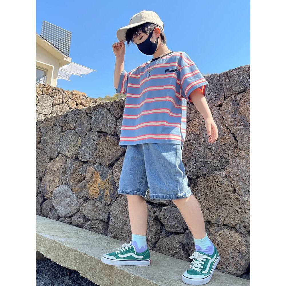 品牌专柜男童夏装套装2026新款青少年夏款帅气男孩条纹短袖短裤两
