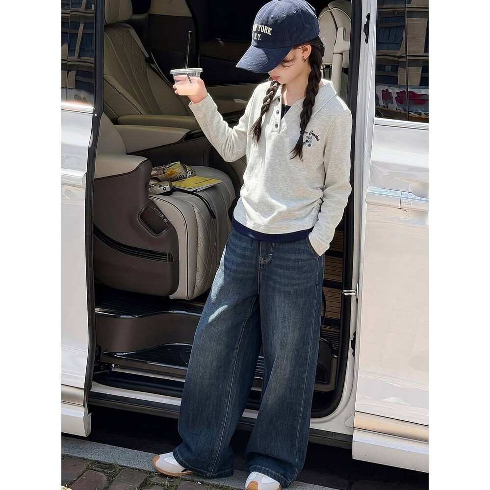 品牌专柜女童秋装假两件卫衣套装2026新款儿童春秋牛仔裤子休闲两