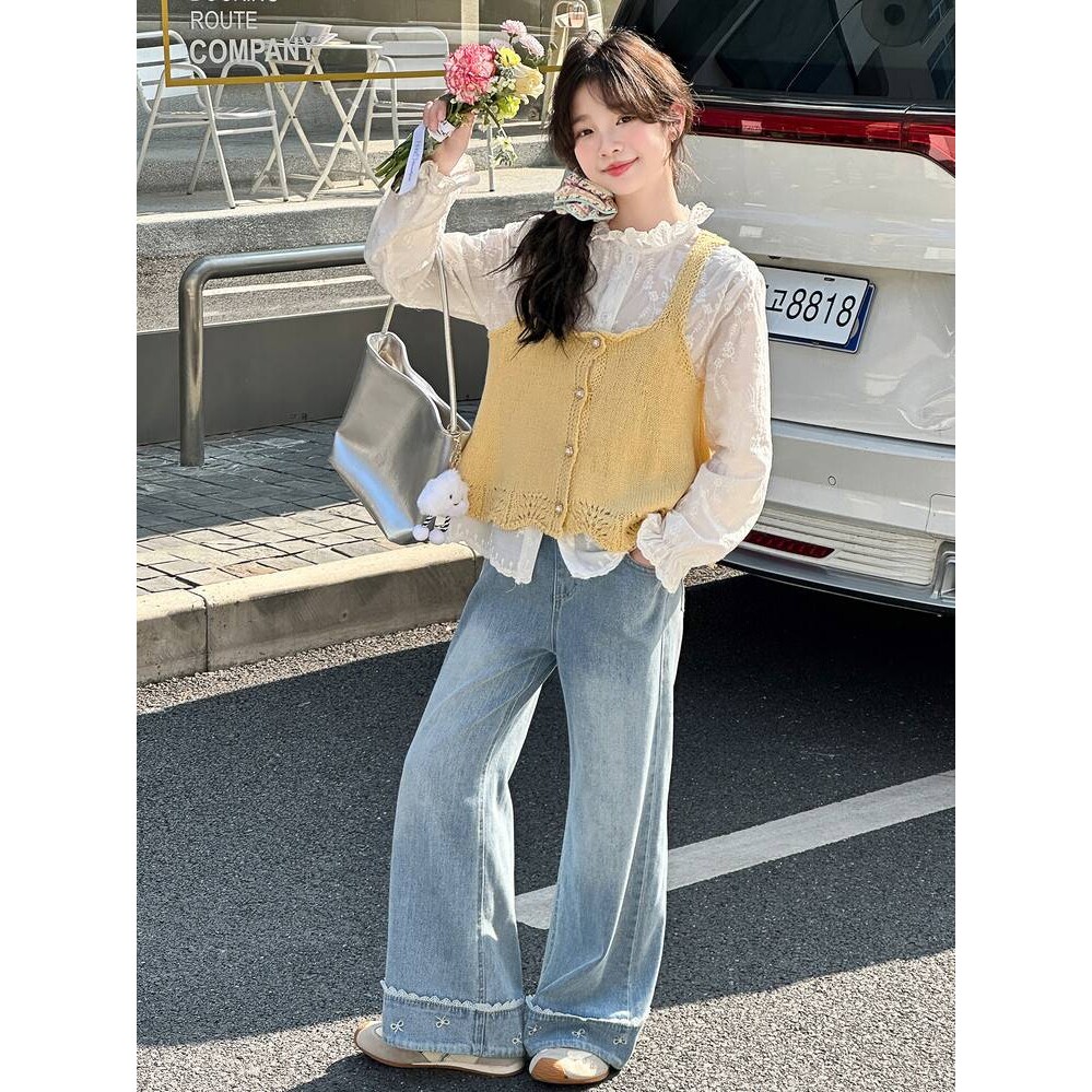 品牌专柜女童春装套装2026新款韩版儿童针织马甲阔腿裤三件套女孩