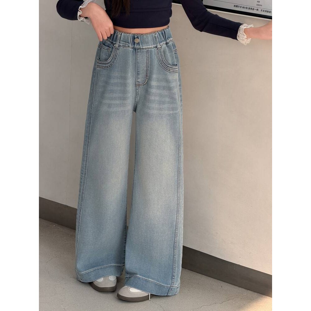 品牌专柜女童春装裤子洋气中大童牛仔裤2026新款女孩阔腿裤宽松女