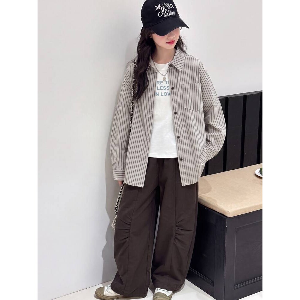 品牌专柜女童春秋款韩版休闲条纹衬衫女大童洋气时髦秋装套装儿童