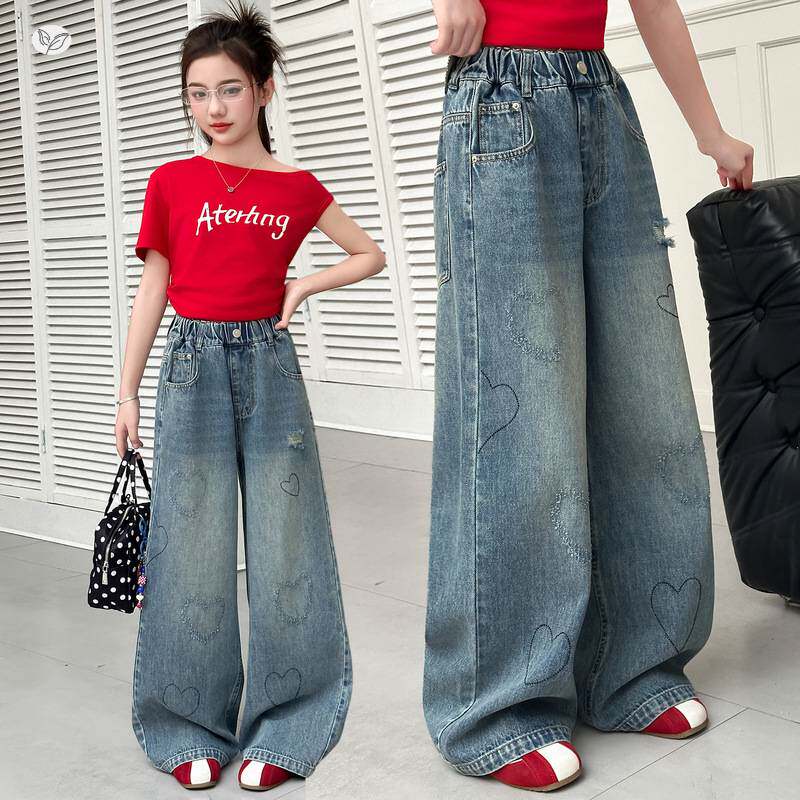品牌专柜女童爱心牛仔裤2026春夏新款中大童休闲阔腿裤直筒裤学生