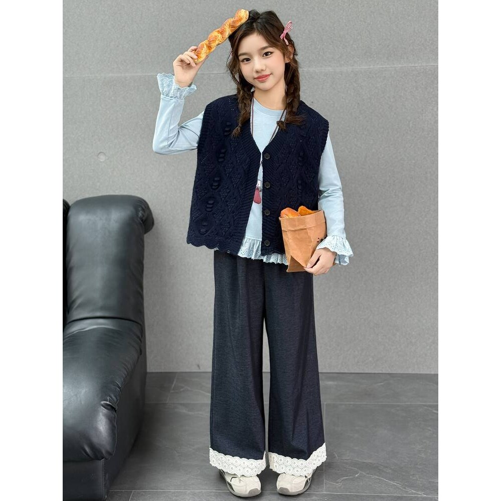 品牌专柜女童套装2026春款新款中大童时尚休闲针织开衫阔腿牛仔裤