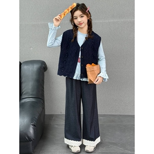 品牌专柜女童套装2026春款新款中大童时尚休闲针织开衫阔腿牛仔裤