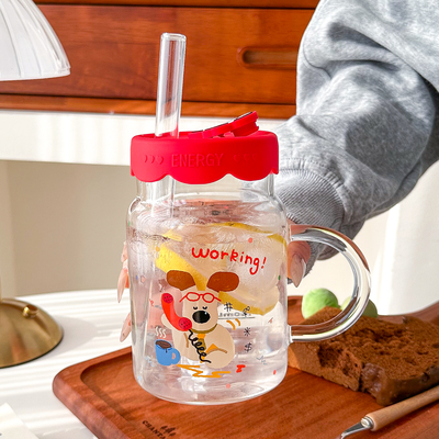 带刻度玻璃杯大容量吸管杯新款