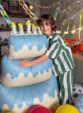 蓝色三层奶油大蛋糕站立款男孩生日礼物节日派对装饰用品拍照道具