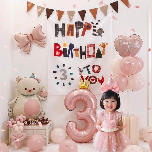 儿童生日气球装饰挂布镂空爱心3岁拍照氛围感男女孩派对场景布置