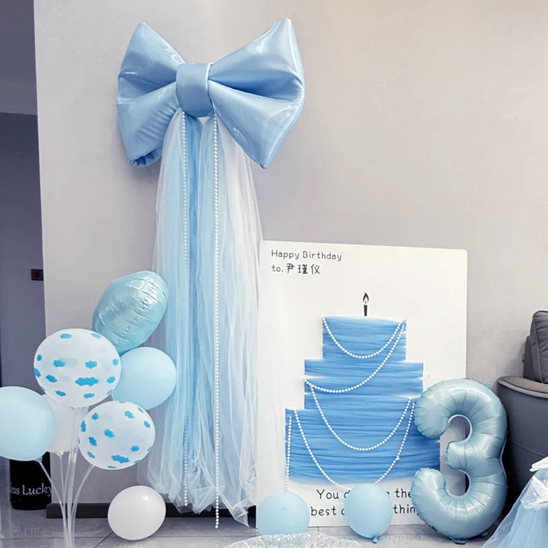 蓝色超大蝴蝶结生日派对布置场景网纱蛋糕KT版宝宝生日宴拍照背景