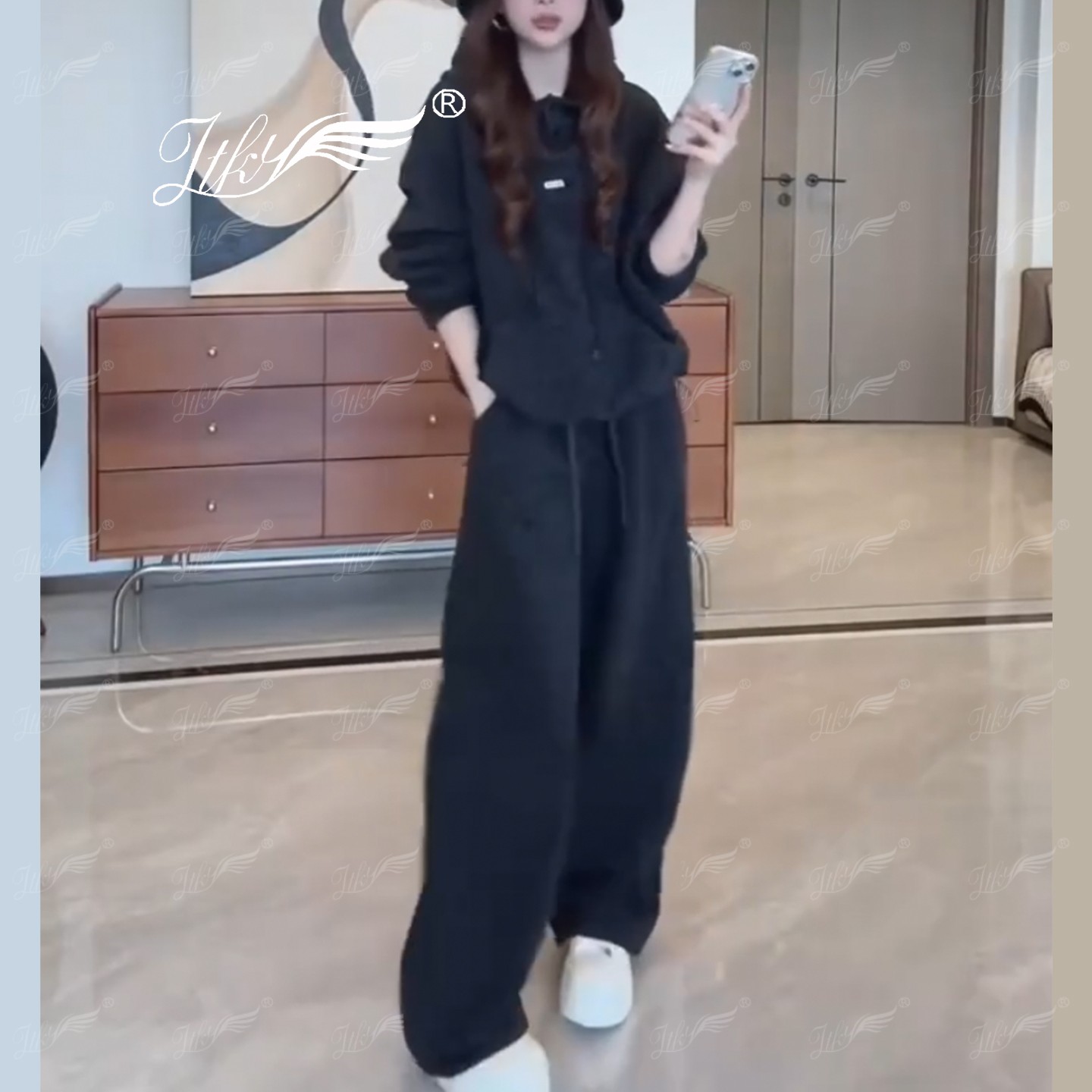 欧货洋气加绒连帽卫衣松紧腰套装