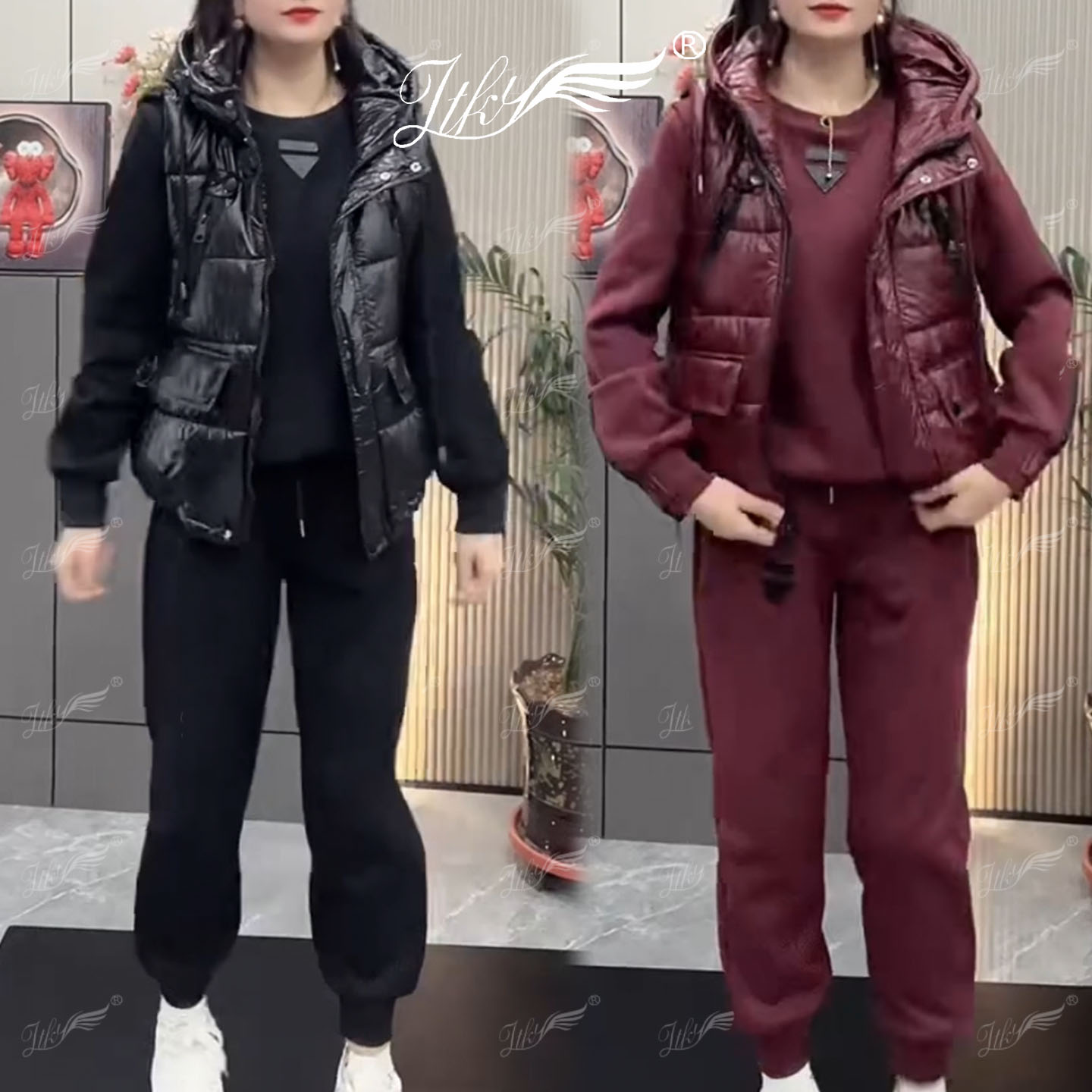 冬季加厚马甲卫衣束脚裤三件套女