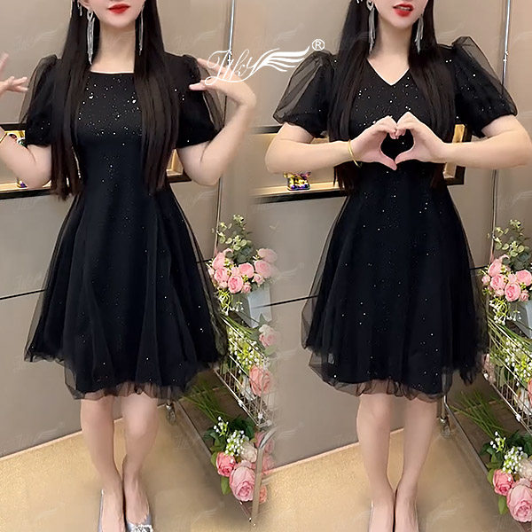 别致法式网纱拼接款前后两穿连衣裙女夏季新款细闪显瘦礼服小黑裙