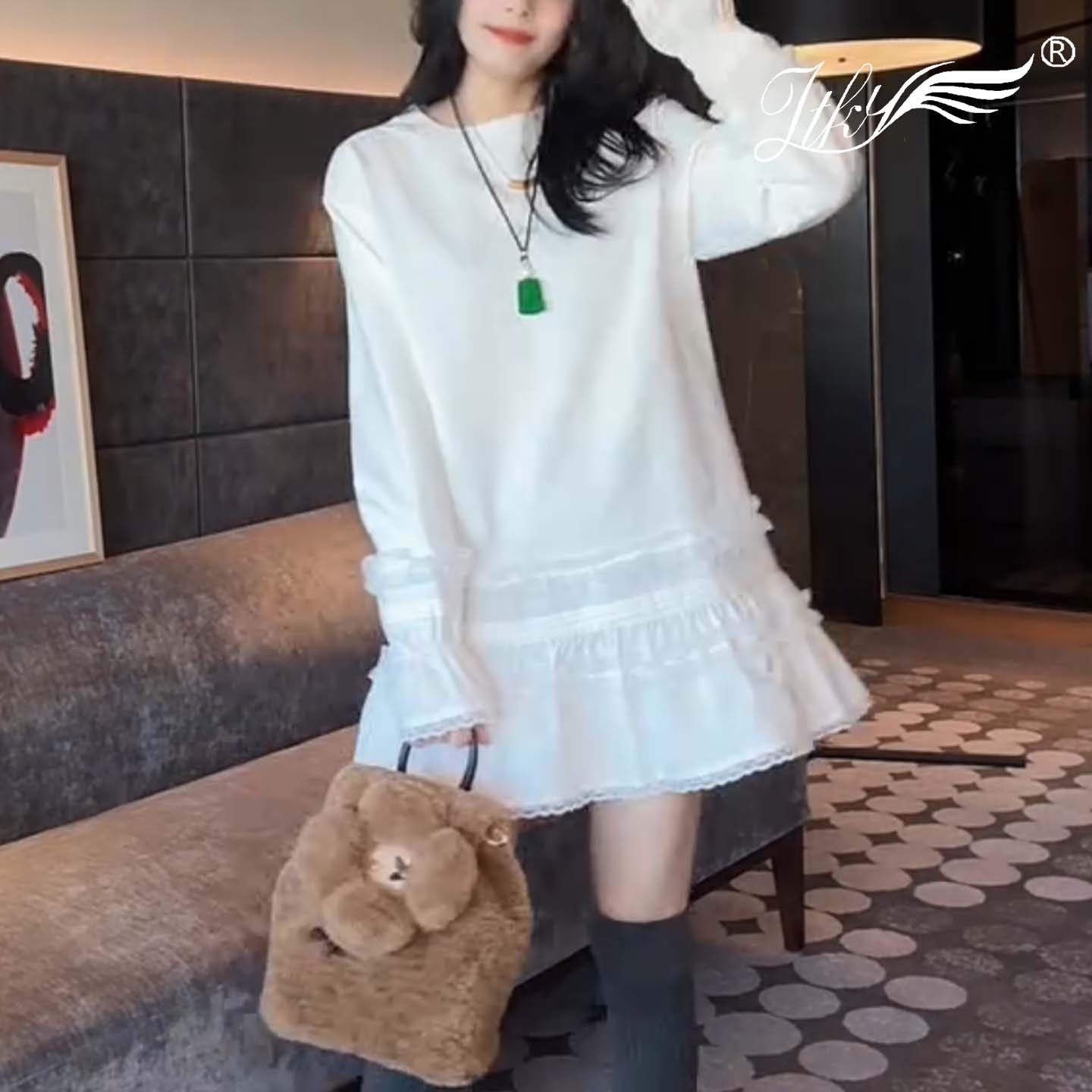 蕾丝拼接中长款T恤女2026春季新款宽松百搭显瘦纯色网红打底衫潮,女装/女士精品,T恤,淘宝优惠券,粉丝福利购,淘宝优惠卷