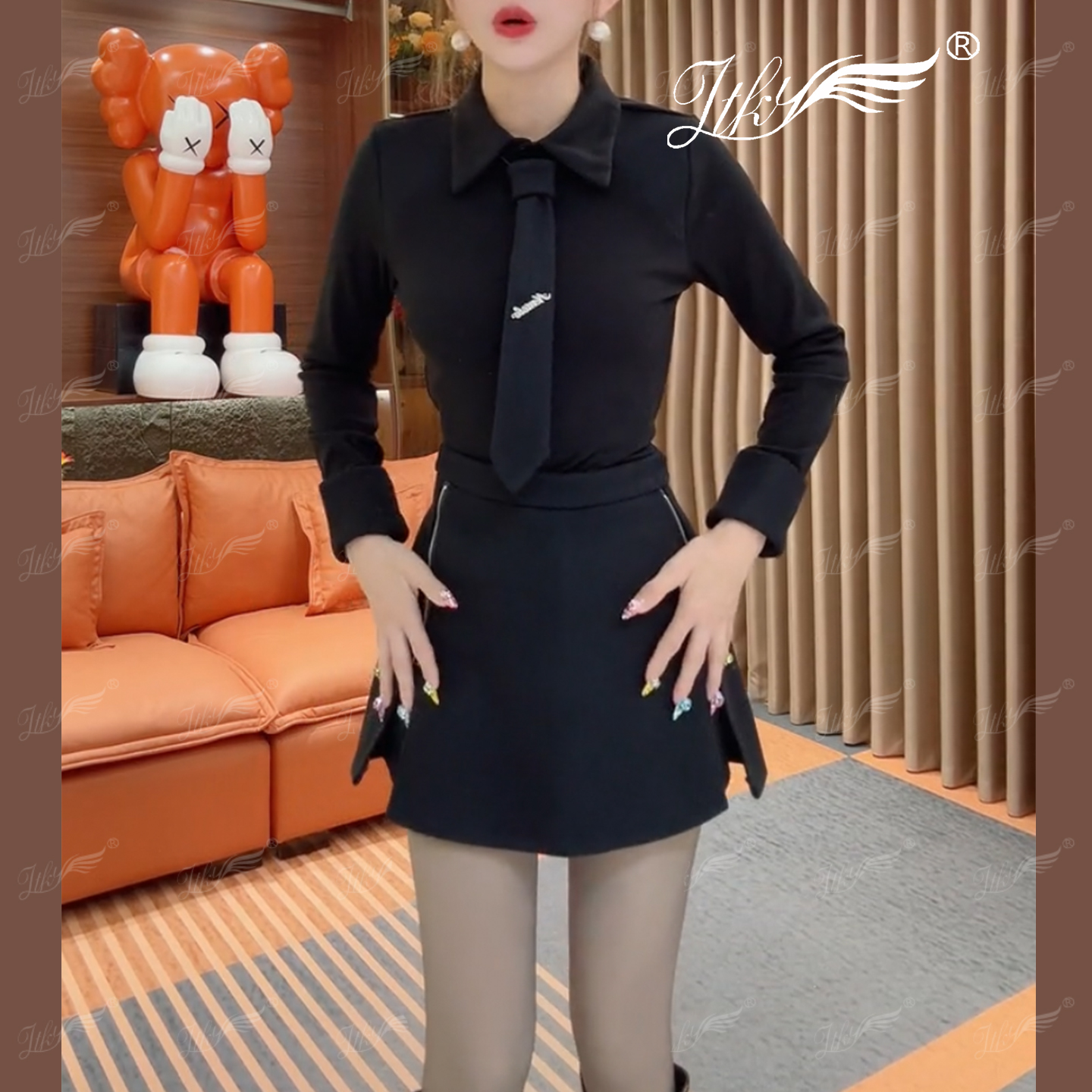 拼接领带打底衫高腰裤裙两件套女