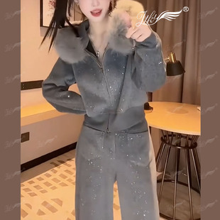高端轻奢名媛毛绒领套装女2025秋冬气质高级感显瘦休闲时尚两件套