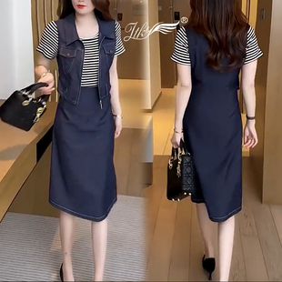 假两件牛仔连衣裙女2026夏季新款洋气显瘦短袖中长款套头减龄裙子