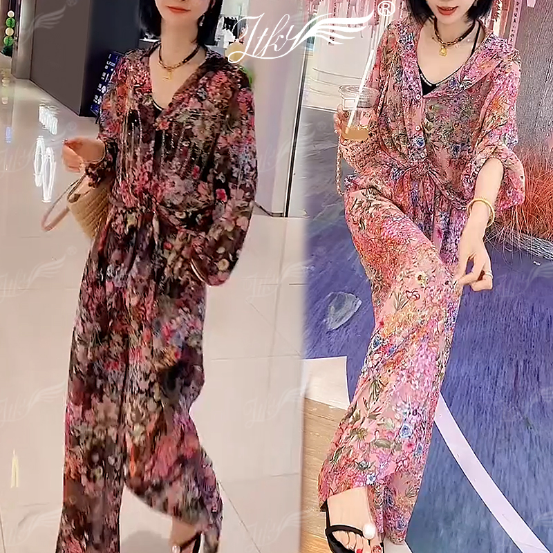 休闲百搭连帽碎花防晒绑带两件套