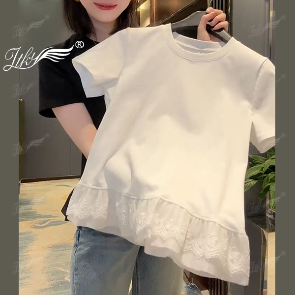 简约休闲气质拼接荷叶下摆T恤女