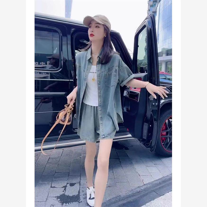 2024夏装新款欧货时尚显瘦遮肉职业小香风牛仔短裤休闲两件套装女