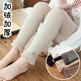 子 儿童保暖肤白色薄绒高腰长裤 女童秋冬季 加绒加厚蕾丝花边打底裤