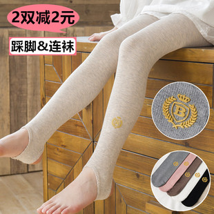 春秋季儿童女童肤白色针织薄款竖条徽章踩脚连裤袜子舞蹈打底裤袜