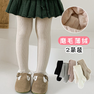女童春秋冬季加绒连裤袜子儿童磨毛薄绒白色麻花纹小孩打底裤宝宝