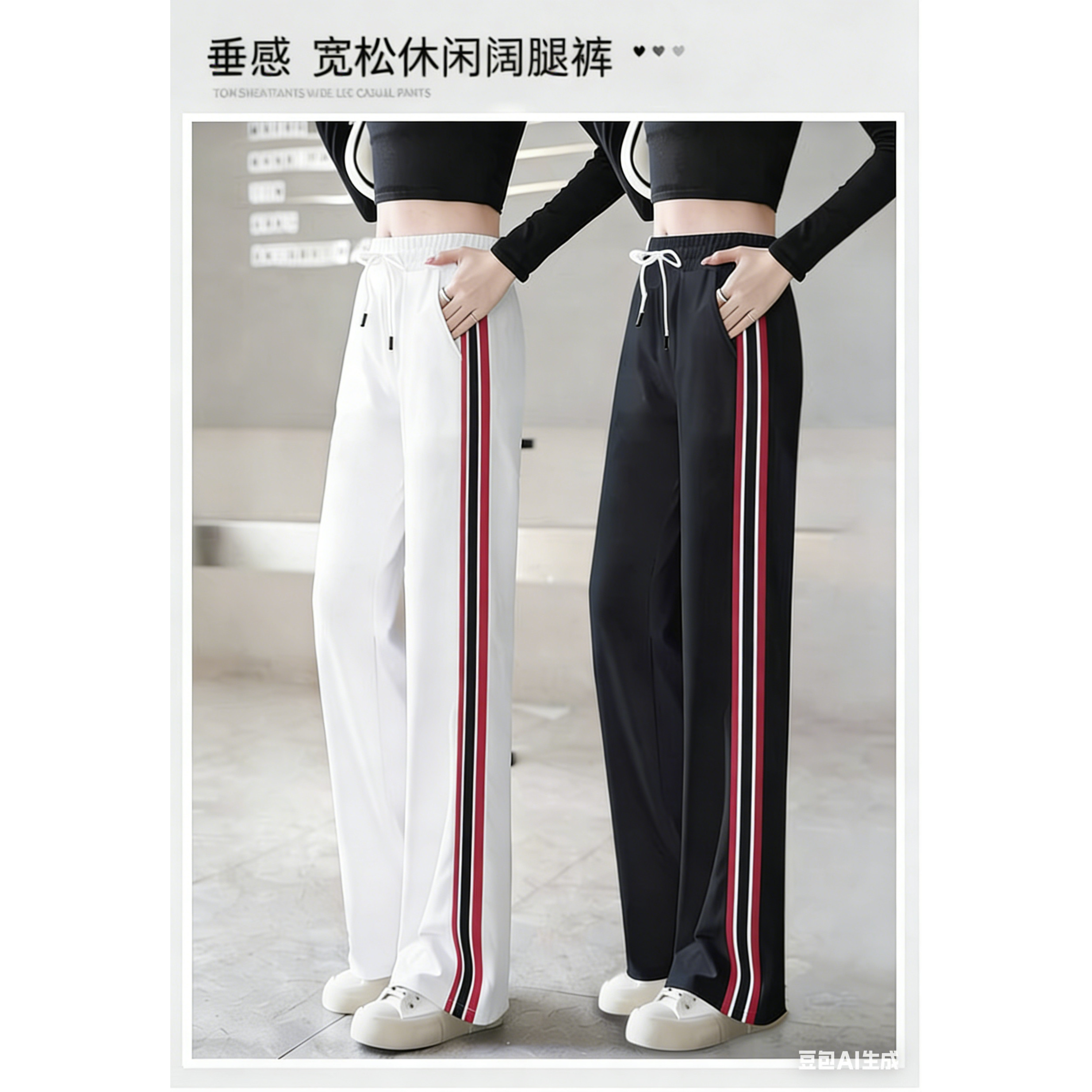 高腰阔腿运动裤女春秋时尚条纹弹力显瘦跑步健身体操队广场舞蹈裤