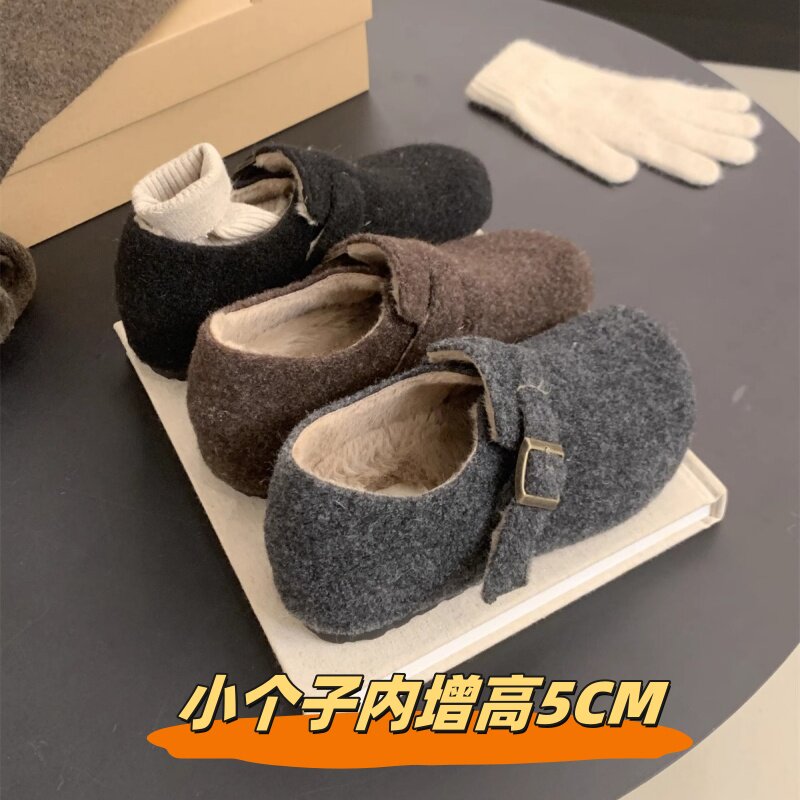 毛呢内增高5CM~森系厚底勃肯鞋女秋冬季一脚蹬乐福加绒棉鞋毛毛鞋