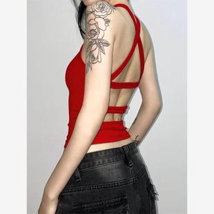 红色露背挂脖小背心女外穿小众设计感修身短款甜辣爵士jazz上衣