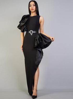 外贸品质女装黑色显瘦修身荷叶边侧开叉优雅气质绷带连衣裙晚礼服