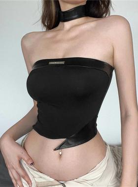 欧美风黑色PU皮拼接抹胸背心女夏外穿不规则设计感显瘦辣妹上衣