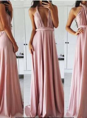 欧美款性感吊带多种穿法绑带连衣裙晚礼服高贵葡萄紫色拖地伴娘裙