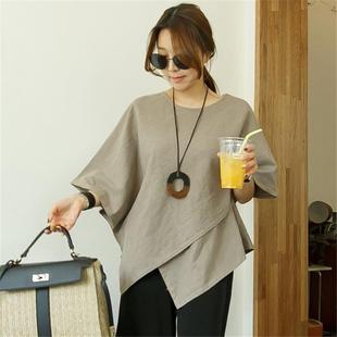 复古薄款 衬衣韩版 亚麻上衣女 女夏宽松显瘦半袖 不规则下摆棉麻衬衫
