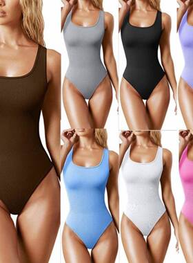 欧美风格亚马逊夏季速卖通女装U领无袖背心紧身连体衣