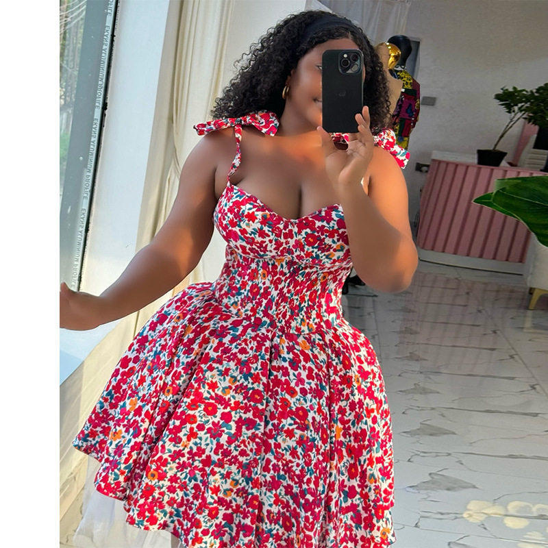 women sexy dress 欧美碎花吊带蝴蝶结高腰显瘦A字连衣裙短裙