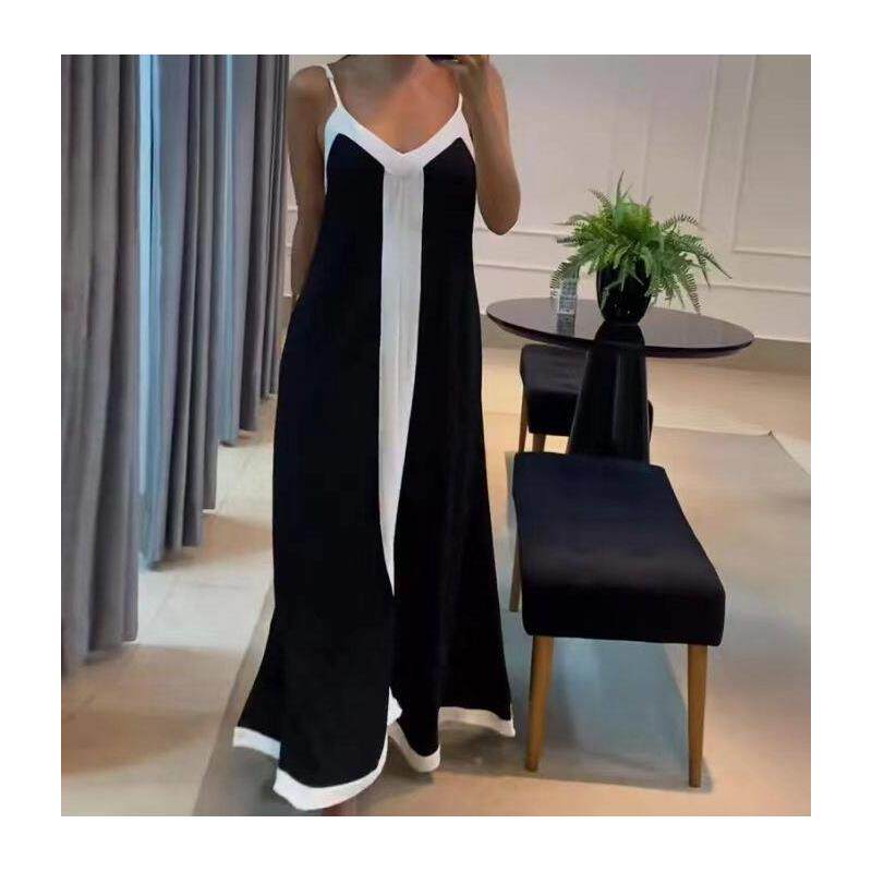 Contrast V-neck long camisole dress女士撞色V领长款吊带连衣裙