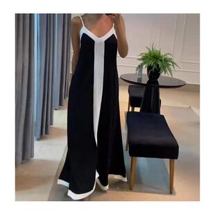 dress女士撞色V领长款 Contrast 吊带连衣裙 camisole long neck
