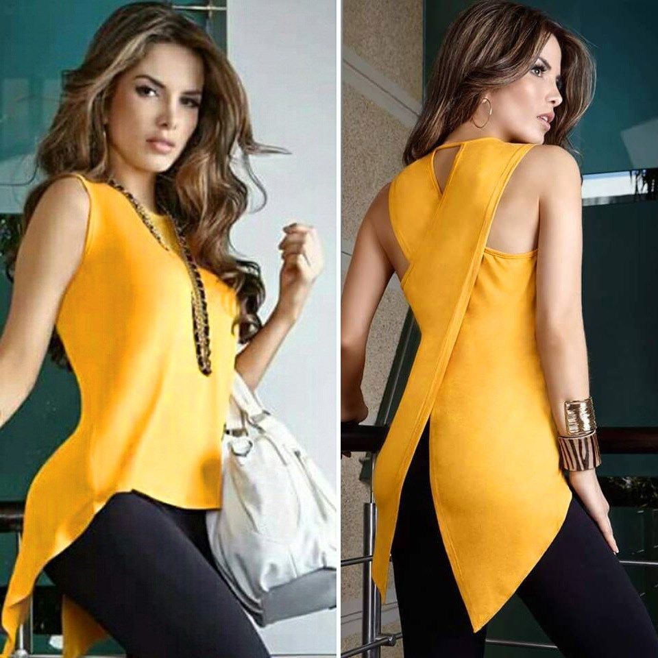 Women Sexy T Shirt Tops Yellow Black GirL Tshirts后背开叉T恤图片