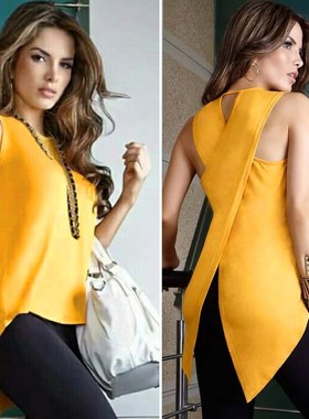 Women Sexy T Shirt Tops Yellow Black GirL Tshirts后背开叉T恤