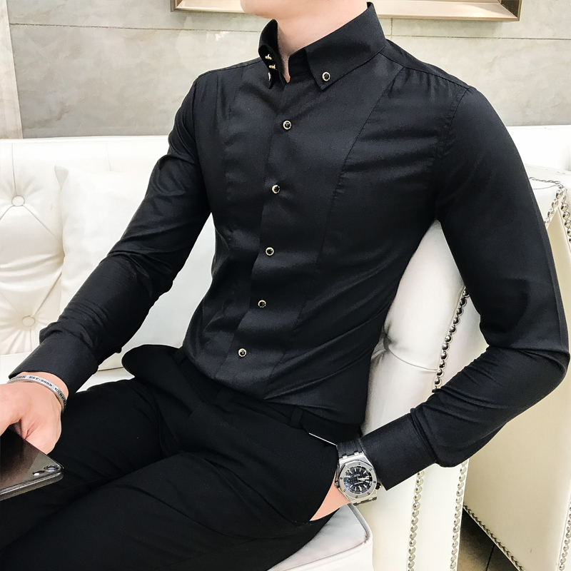 薄款衬衣韩版修身发型师潮牌男装纯黑色休闲青年弹力长袖衬衫男潮