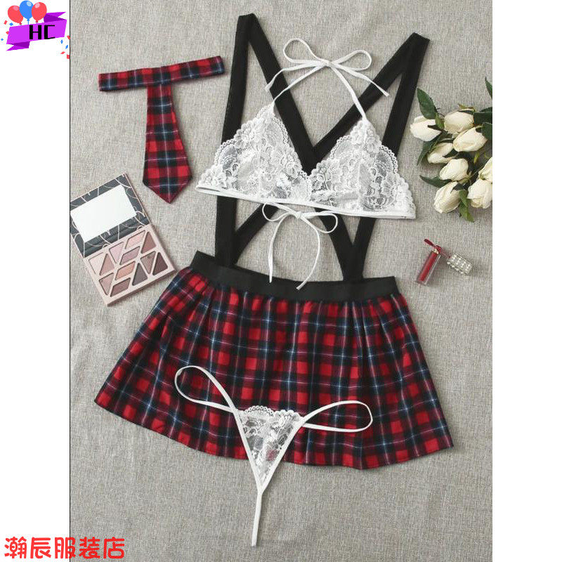 Sexy lingerie plaid skirt suit女装纯色睡衣内衣格子裙性感套装