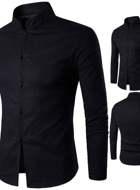 衬衫 Casual Mens Linen Shirt Long Sleeve Shirt Chinese Style
