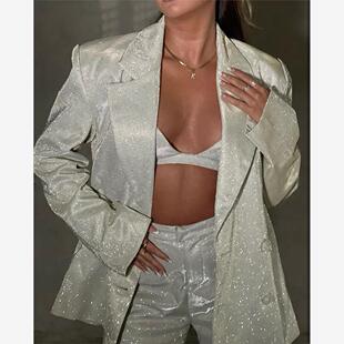 欧美ins亮闪闪西装外套吊带背心+直筒休闲裤两件套辣妹时尚套装潮