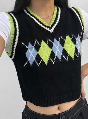 Check jacquard sweater top sleeveless vest21黑色紫色灰色绿色