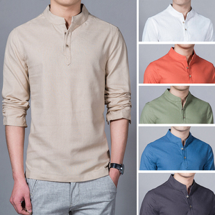 Collar Linen Men Stand Shirt 2018 Casual Cotton Male Shirts