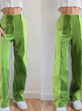 Women color pants 女装欧美风时尚宽松拼色绿色休闲裤女拼色特卖
