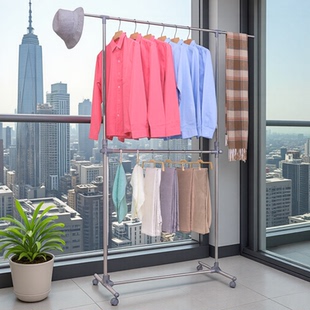 不锈钢晾衣架落地单杆双层阳台家用伸缩室内移动折叠加粗上下挂晒