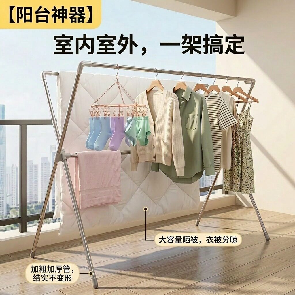不锈钢晾衣架加粗加厚落地折叠阳台家用室内外伸缩晒衣架杆晒被子