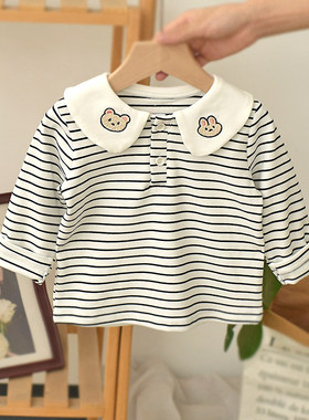 英国KABEI TREE女童长袖t恤新款春秋季宝宝条纹polo衫翻领上衣潮